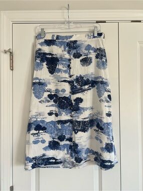 Blue and White Scenic Print Button-Front Skirt
